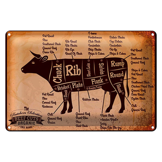 Blechschild Metzger 30x20cm Beef cuts Organic Metzgerei
