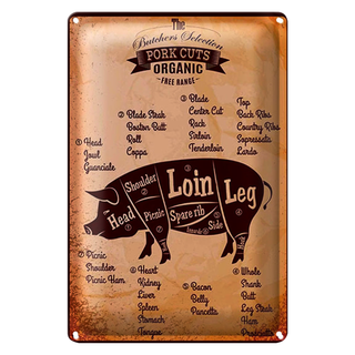 Blechschild Metzger 20x30cm Pork cuts Organic free Schwein