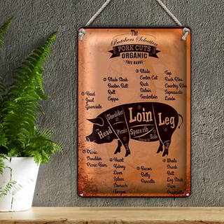 Blechschild Metzger 20x30cm Pork cuts Organic free Schwein