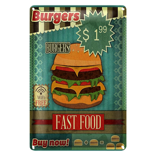 Blechschild Essen 20x30cm fast food Burgers buy now wifi