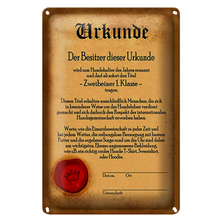 Blechschild Hunde 20x30cm Urkunde Zweibeiner 1. Klasse