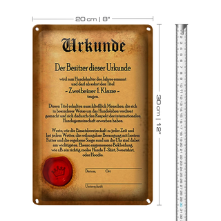 Blechschild Hunde 20x30cm Urkunde Zweibeiner 1. Klasse