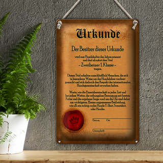 Blechschild Hunde 20x30cm Urkunde Zweibeiner 1. Klasse