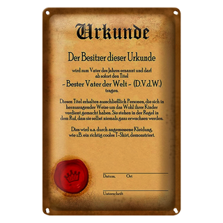 Blechschild Vater 20x30cm Urkunde bester Vater der Welt