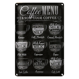 Blechschild Kaffee 20x30cm Coffee Menu Espresso Latte Flat