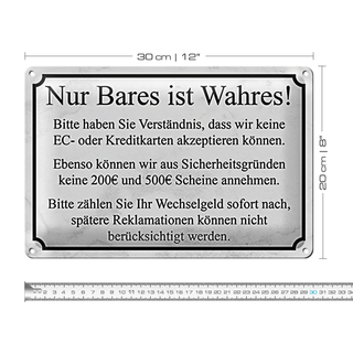 Blechschild kein Kreditkarten 30x20cm Nur Bares ist Wahres