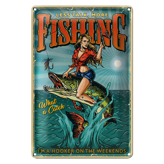 Blechschild Pinup 20x30cm less talk more fisching Angeln