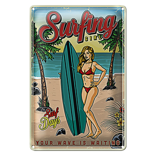 Blechschild Pinup 20x30cm Surfing Girl Sommer Party