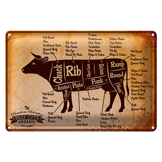 Blechschild Kuh 30x20cm Beef cuts Organic Metzgerei