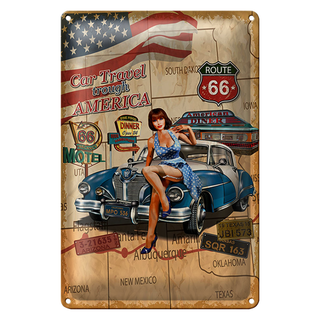 Blechschild Retro 20x30cm Pinup Car Travel trough America