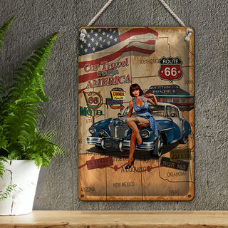 Blechschild Retro 20x30cm Pinup Car Travel trough America