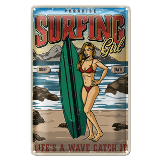 Blechschild Pinup 20x30cm Surfing Girl Paradise Sommer