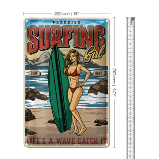 Blechschild Pinup 20x30cm Surfing Girl Paradise Sommer