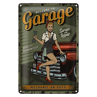 Blechschild Retro 20x30cm Pinup welcome to Garage service