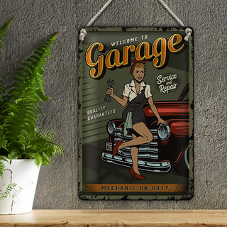 Blechschild Retro 20x30cm Pinup welcome to Garage service