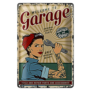 Blechschild Retro 20x30cm Pinup welcome Garage service 24/7