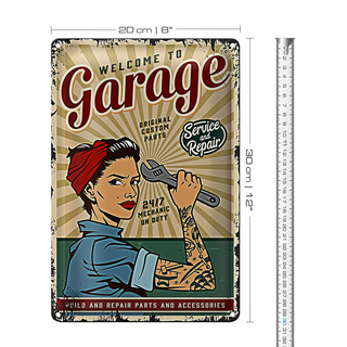 Blechschild Retro 20x30cm Pinup welcome Garage service 24/7