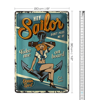 Blechschild Retro 20x30cm Pinup hey Sailor Ocean spirit See