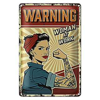 Blechschild Retro 20x30cm warning women at work Frau