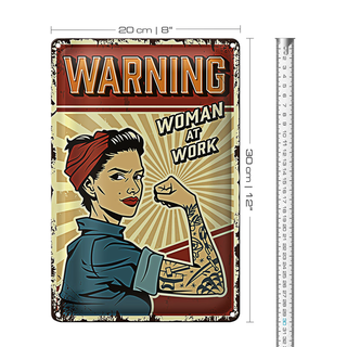 Blechschild Retro 20x30cm warning women at work Frau