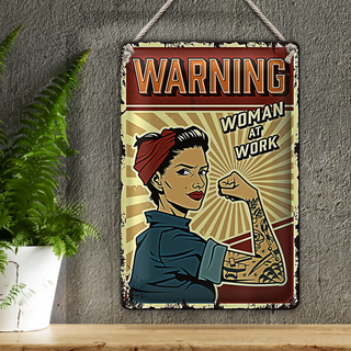 Blechschild Retro 20x30cm warning women at work Frau