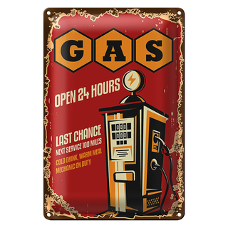 Blechschild Retro 20x30cm Gas open 24 next service
