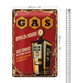 Blechschild Retro 20x30cm Gas open 24 next service