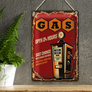 Blechschild Retro 20x30cm Gas open 24 next service