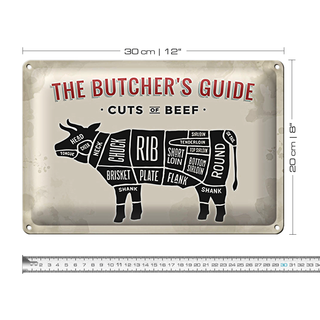 Blechschild Kuh 30x20cm Beef cuts Fleisch Metzgerei