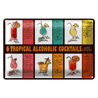 Blechschild 30x20cm 6 tropical cocktails recipes