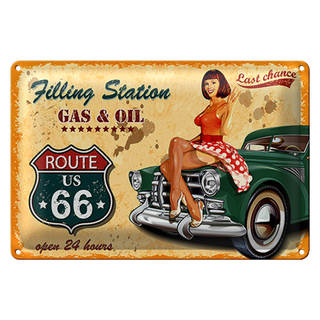 Blechschild Pinup 30x20cm Retro Gas Oil open 24 hours