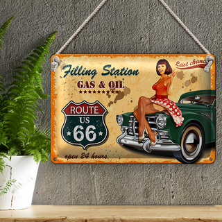 Blechschild Pinup 30x20cm Retro Gas Oil open 24 hours