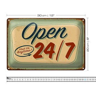 Blechschild Retro 30x20cm open visit us anytime 24/7