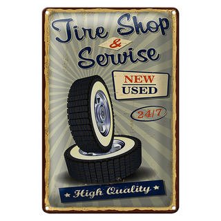 Blechschild Tire Shop 20x30cm Service 24/7 new used Retro