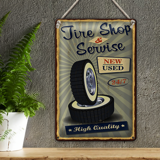 Blechschild Tire Shop 20x30cm Service 24/7 new used Retro