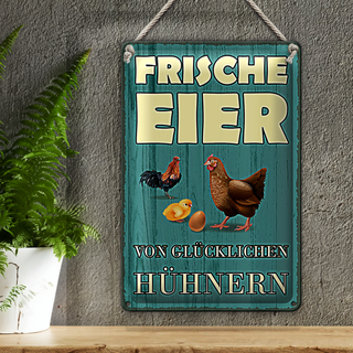 Blechschild Spruch 20x30cm frische Eier glückliche Hühner