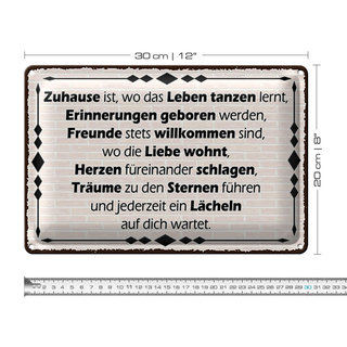 Blechschild Spruch 30x20cm Zuhause ist wo Leben tanzen lernt