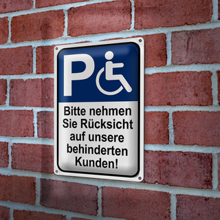 Blechschild Parken 20x30cm Rücksicht auf behinderten Kunden