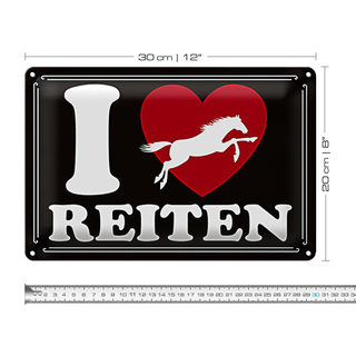 Blechschild Spruch 30x20cm Pferde i love reiten Herz