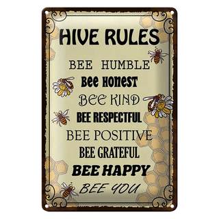 Blechschild Spruch 20x30cm Hive rules bee humble honest