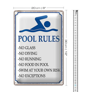 Blechschild Spruch 20x30cm Pool Rules No glass no diving