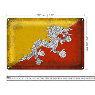 Blechschild Flagge Bhutan 30x20cm Flag of Bhutan Vintage