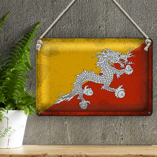 Blechschild Flagge Bhutan 30x20cm Flag of Bhutan Vintage