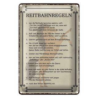 Blechschild Pferd 20x30cm Reitbahnregeln wer Reithalle