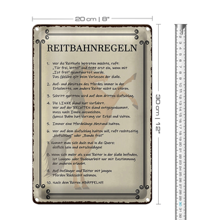 Blechschild Pferd 20x30cm Reitbahnregeln wer Reithalle