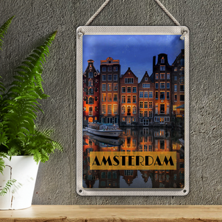 Blechschild Reise 20x30cm Amsterdam bei Nacht Reiseziel
