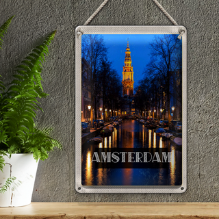 Blechschild Reise 20x30cm Retro Amsterdam Munt Tower Nacht