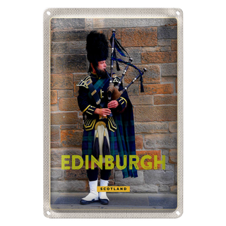 Blechschild Reise 20x30cm Edinburgh Scotland Dudelsack Mann