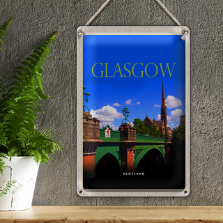Blechschild Reise 20x30cm Glasgow Scotland mittelalterliche Brücke