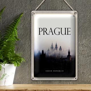 Blechschild Reise 20x30cm Retro Prague Nebel Overview